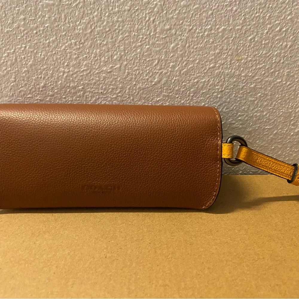 NWT Coach Brown Leather Sunglasses Case with Yellow Strap